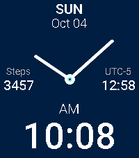 Minimal Hybrid with blue colours, steps and a second time zone on Pebble Time 2