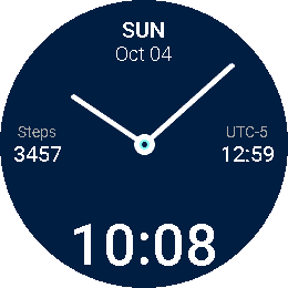 Minimal Hybrid with blue colours, steps and a second time zone on Pebble Round 2